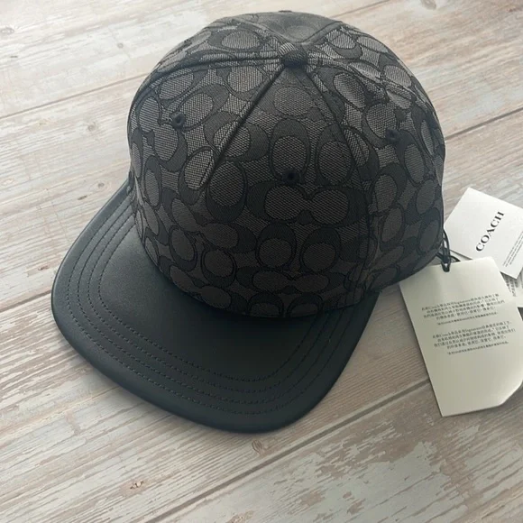 New, Authentic COACH Signature Jacquard Flat Brim Hat Black Signature Canvas